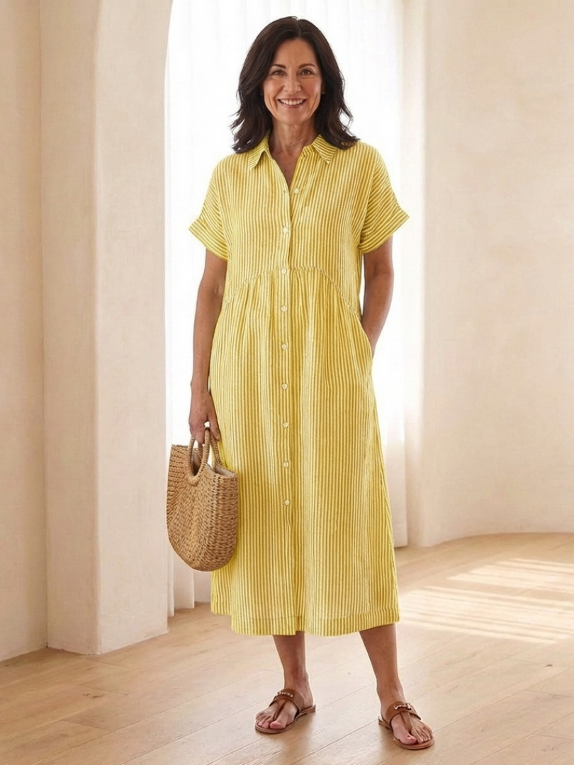 Women's Striped Button Front Short Sleeve Midi Dress
