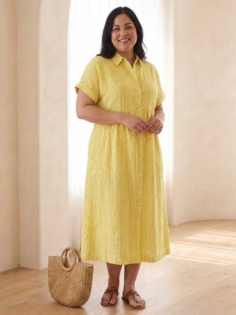 Women's Striped Button Front Short Sleeve Midi Dress