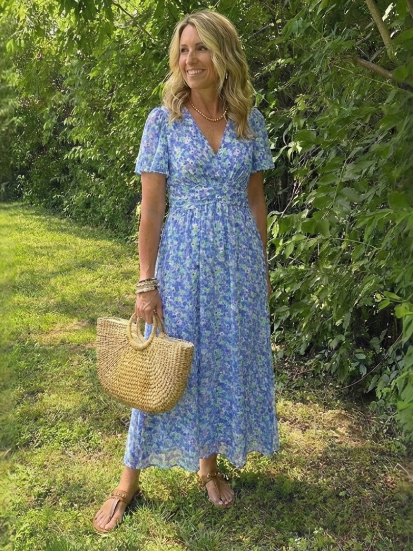 Women's Floral V Neck Short Sleeve Maxi Dress Effortless Summer Style, view 3 - Elena Harper