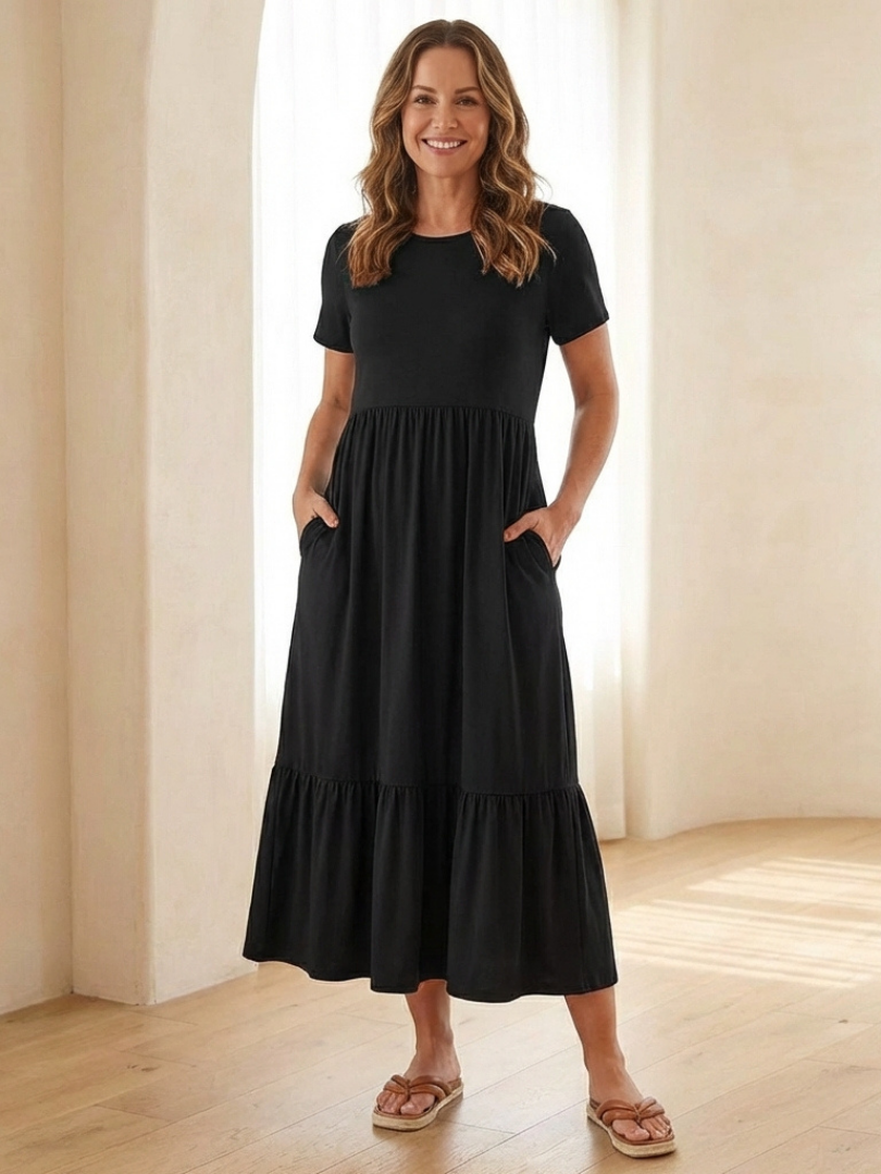 Women's Round Neck Short Sleeve Tiered Midi Dress