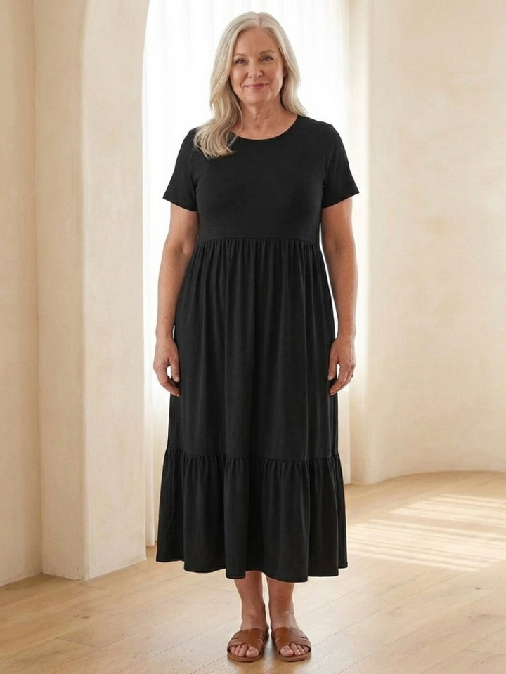 Women's Round Neck Short Sleeve Tiered Midi Dress