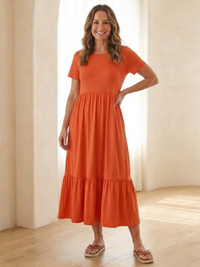 Women's Round Neck Short Sleeve Tiered Midi Dress