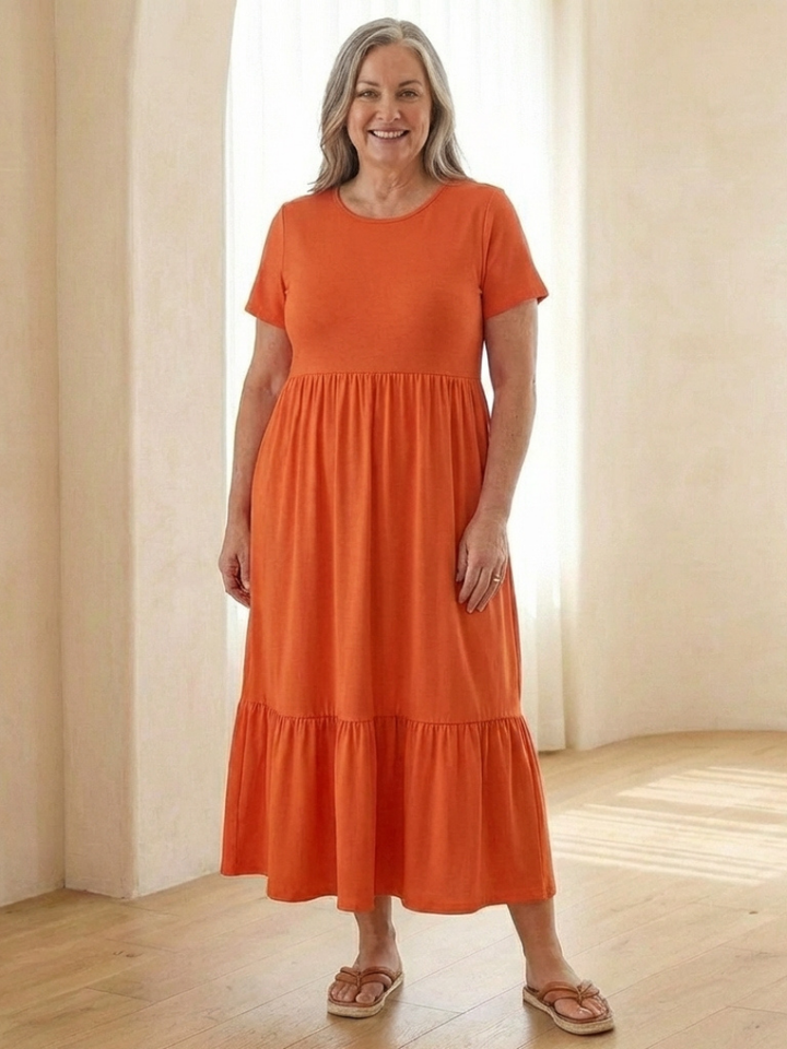 Women's Round Neck Short Sleeve Tiered Midi Dress