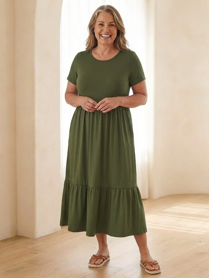 Women's Round Neck Short Sleeve Tiered Midi Dress