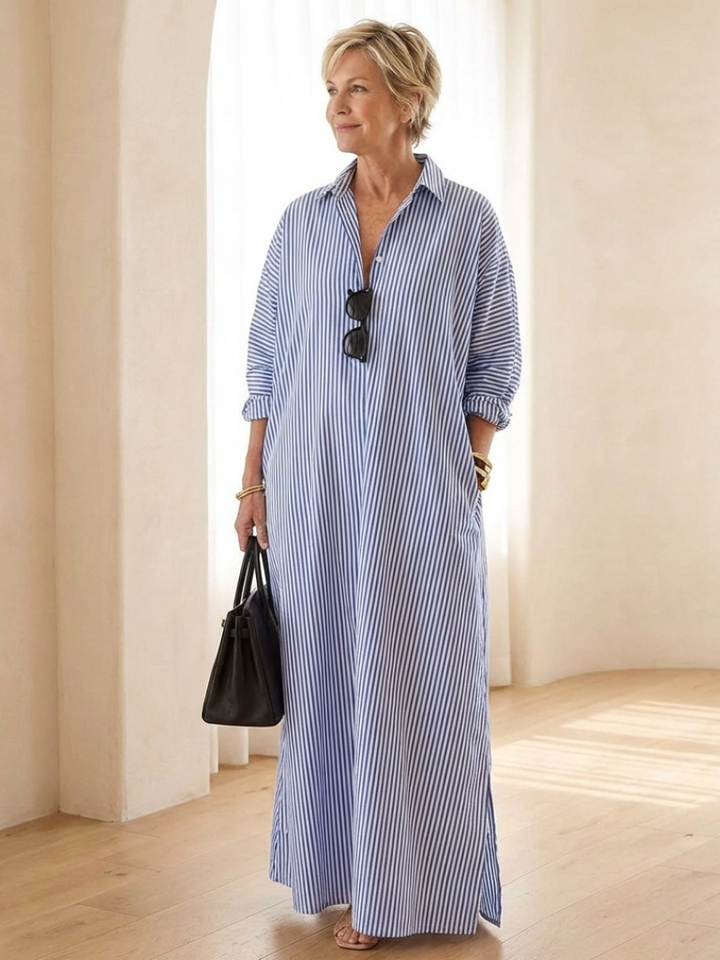 Women's Striped Long Sleeve Collar Maxi Shirt Dress