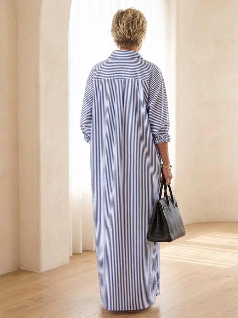 Women's Striped Long Sleeve Collar Maxi Shirt Dress