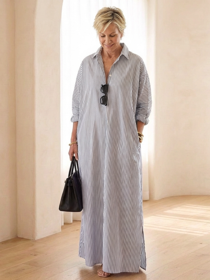 Women's Striped Long Sleeve Collar Maxi Shirt Dress