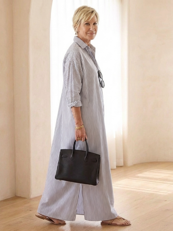 Women's Striped Long Sleeve Collar Maxi Shirt Dress