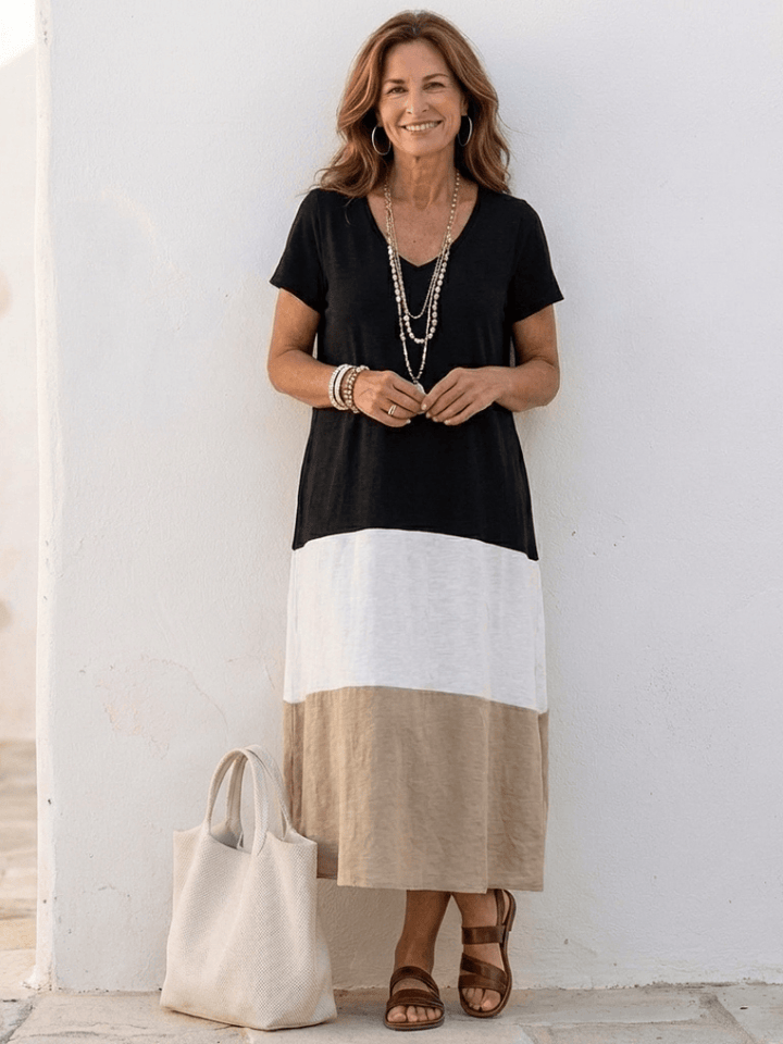 Emma & Rose Cape Town Thalia V neck midi dress with short sleeves and color block design, stylish and comfortable for summer wear.
