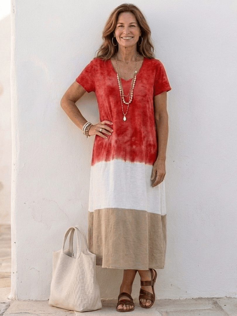 Emma & Rose Cape Town Thalia V-neck midi dress in color block with short sleeves, stylish and comfortable for casual wear.