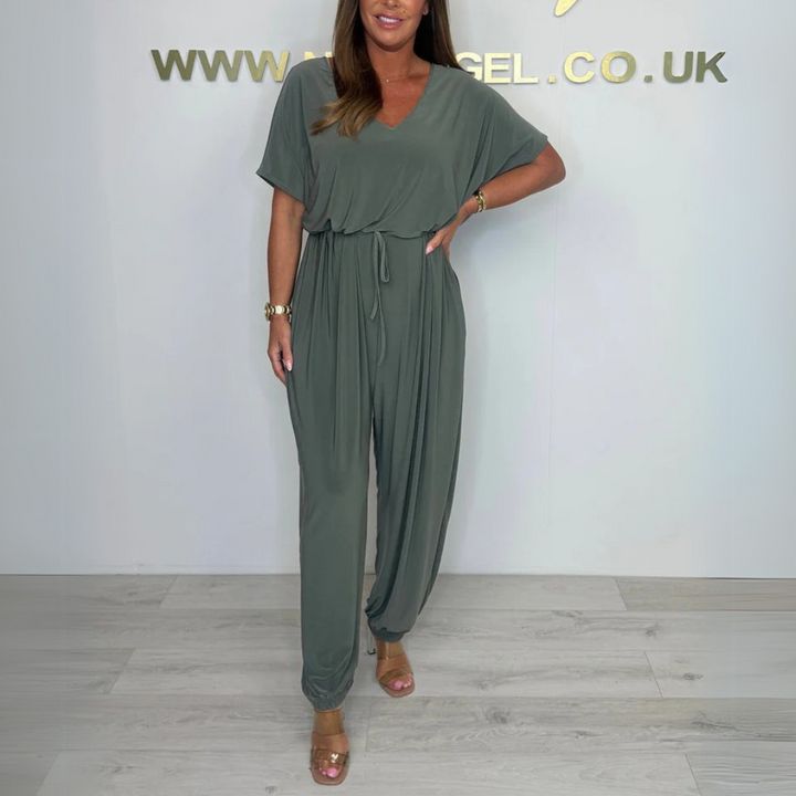 Leysan Cotton Jumpsuit with V-Neck, view 4 - Elena Harper
