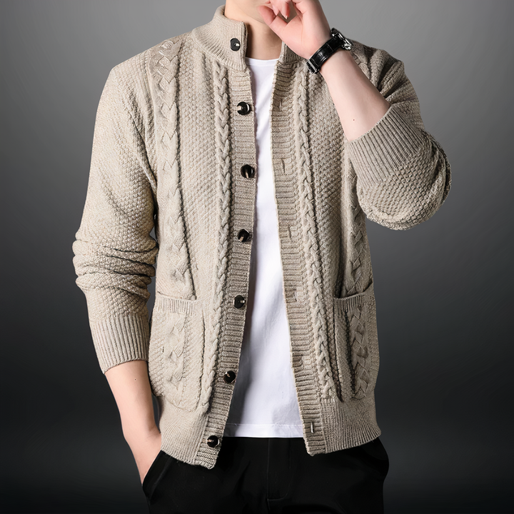 Men's Cardigan with Cable Pattern and High Collar