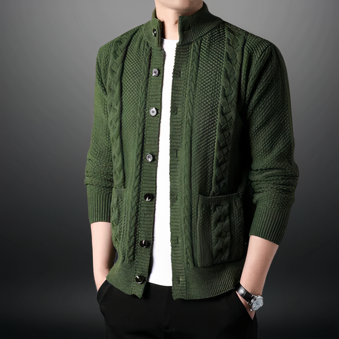 Men's Cardigan with Cable Pattern and High Collar