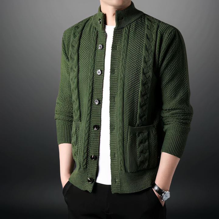 Men's Cardigan with Cable Pattern and High Collar