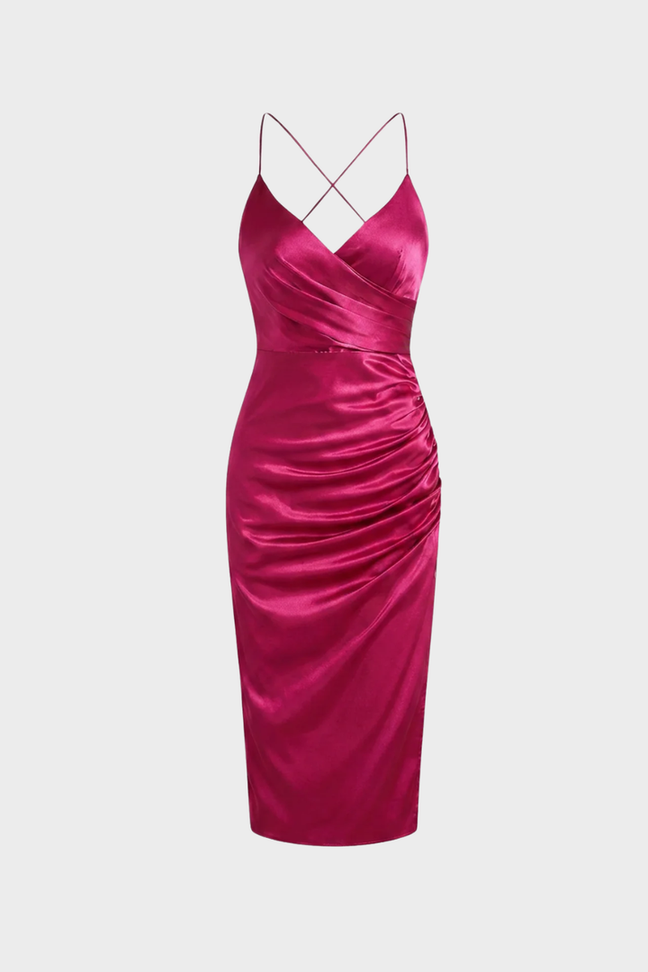 Women's Satin Maxi Dress with Wrap Look and Slit