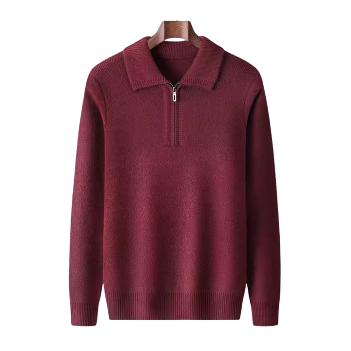 100% CASHMERE QUARTER ZIP SWEATER.