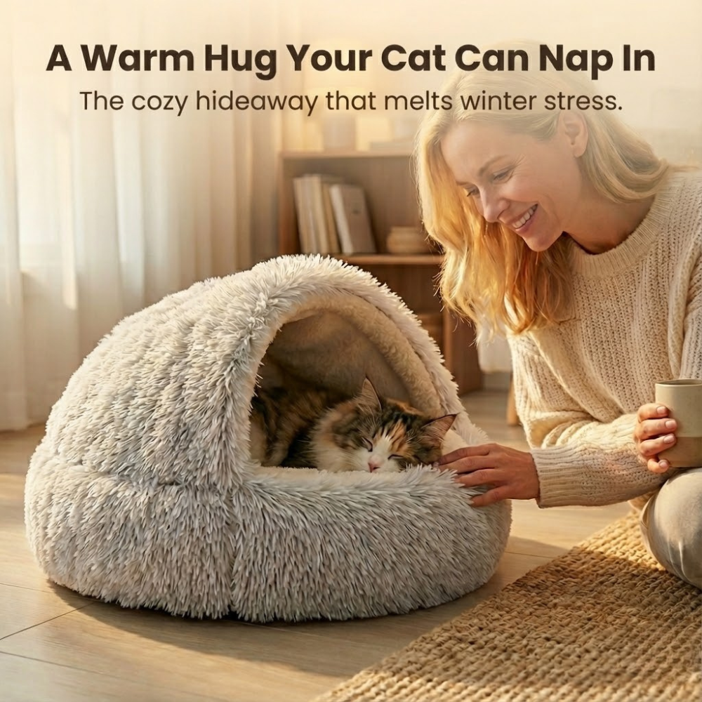 Cloofie Plush Cave Bed for Cats, Semi-Enclosed, view 7 - Elena Harper