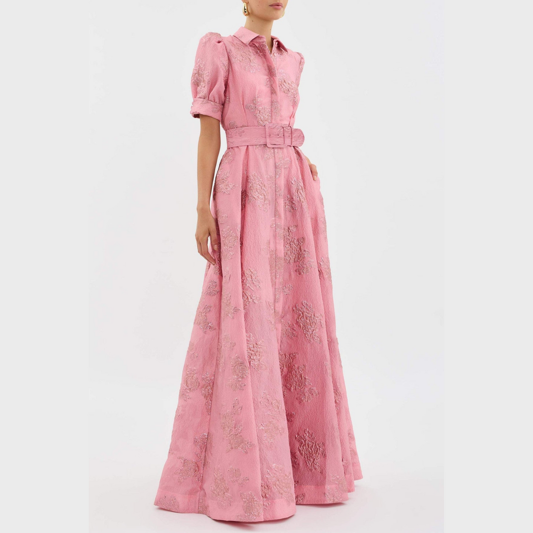 Heanna Pink Dress with Puff Sleeves, view 3 - Elena Harper