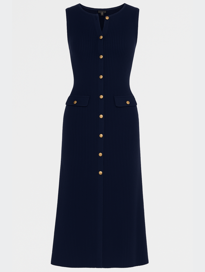 Women's Elegant Button-Front Ribbed Midi Dress