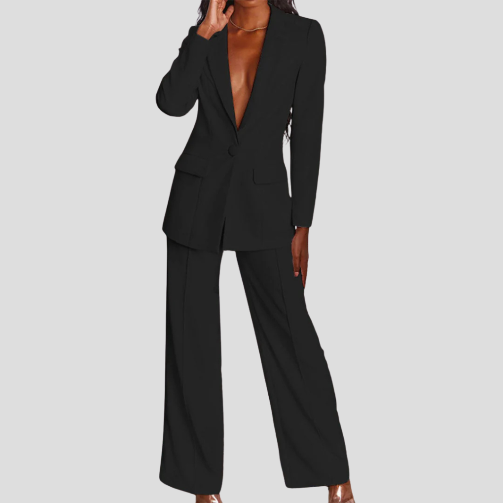 Ladies Blazer Set with Pants and Notch Lapel