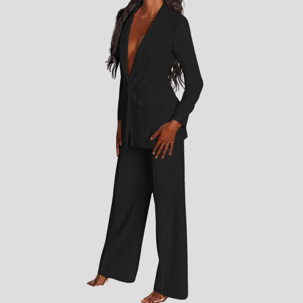 Ladies Blazer Set with Pants and Notch Lapel