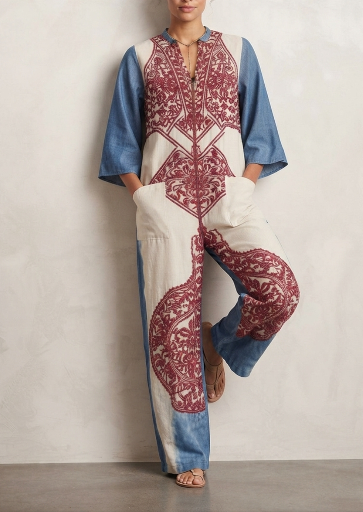 Women's Vintage Print V-neck 3/4-sleeve Cotton-linen Jumpsuit
