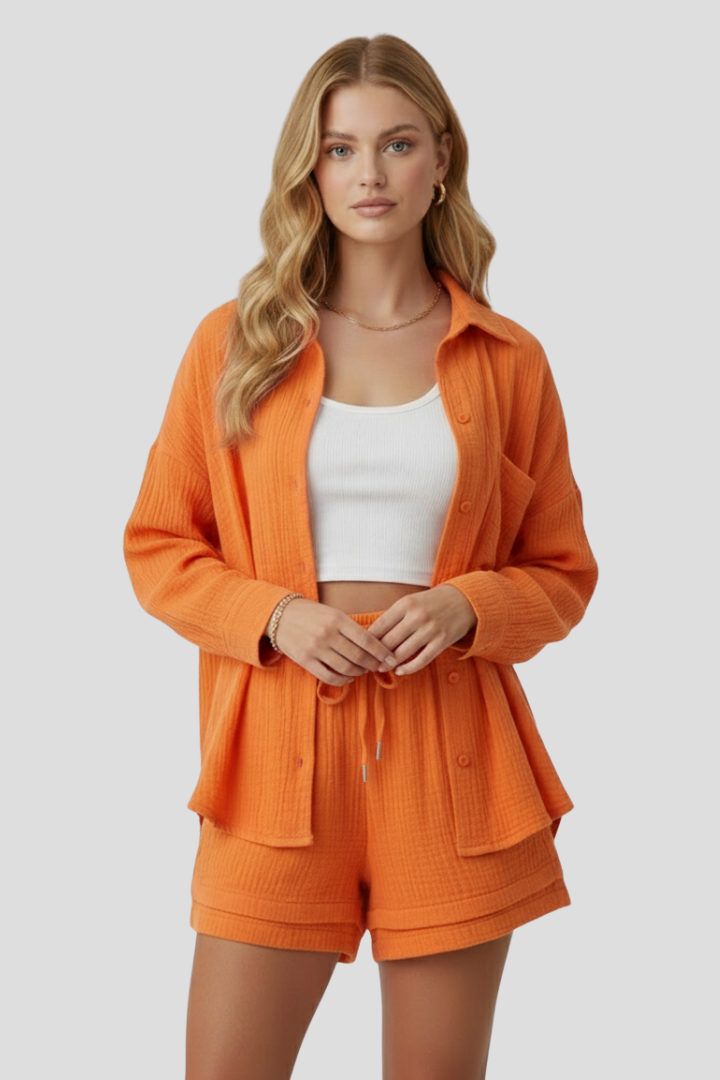 Women’s Two Piece Set with Oversized Blouse and Muslin Shorts