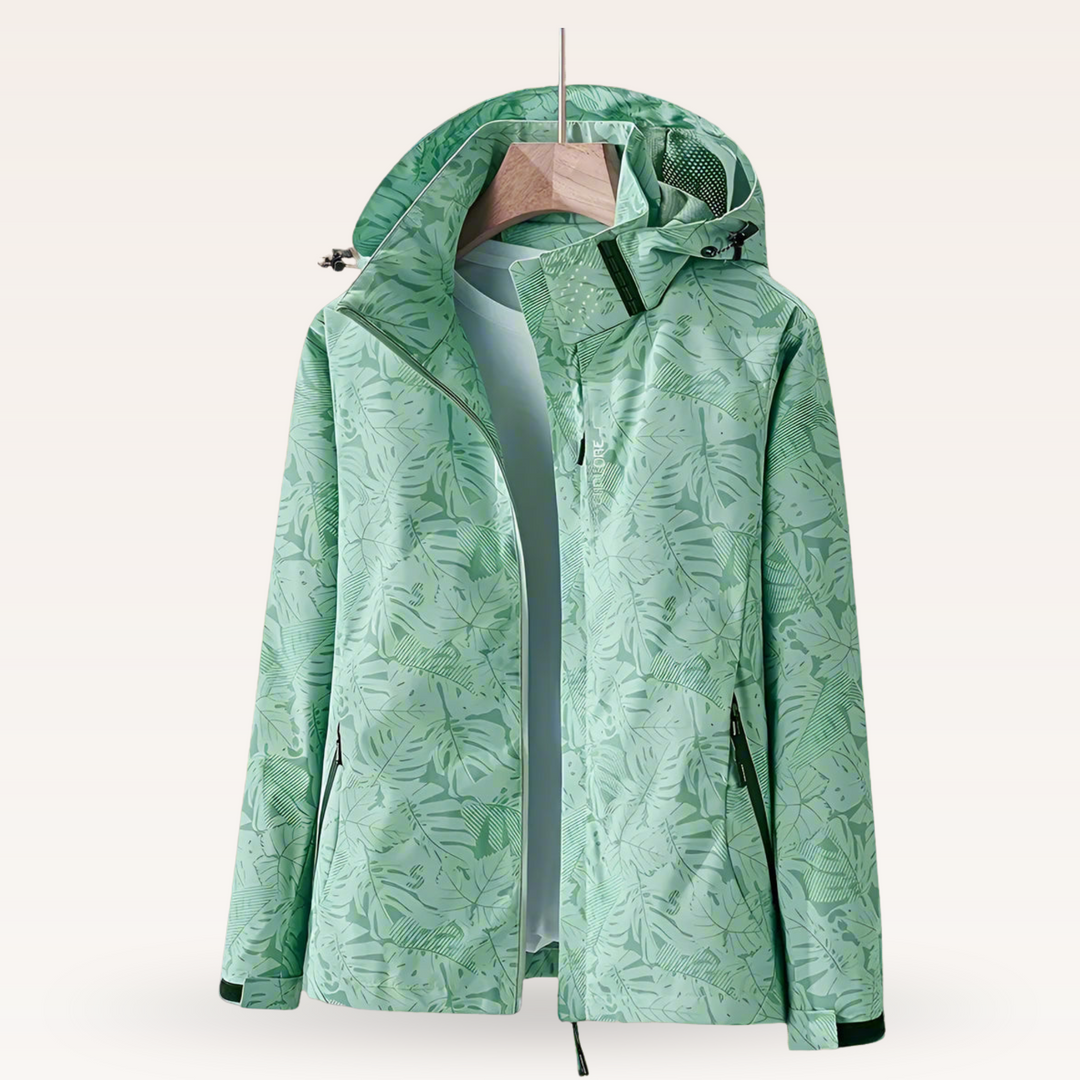 Women's Summer Waterproof Jacket with Leaf Print and Adjustable Hood, view 2 - Elena Harper