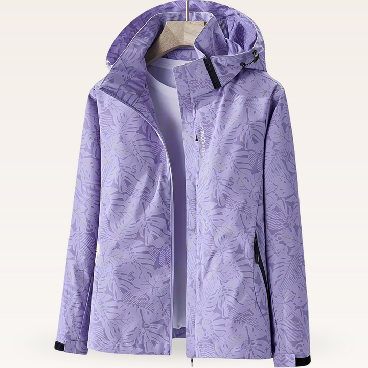 Women's Summer Waterproof Jacket with Leaf Print and Adjustable Hood, view 3 - Elena Harper