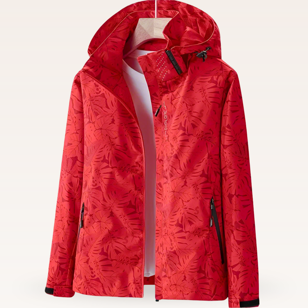 Women's Summer Waterproof Jacket with Leaf Print and Adjustable Hood, view 5 - Elena Harper