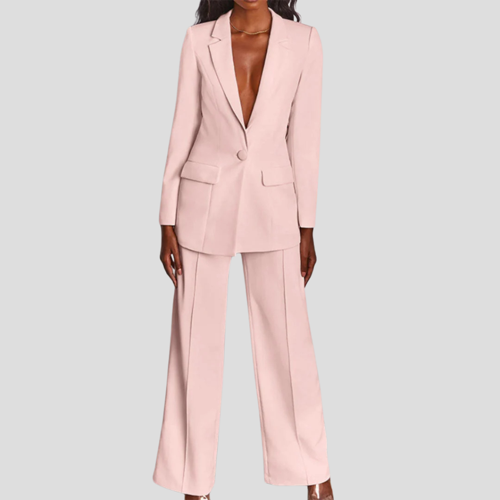 Ladies Blazer Set with Pants and Notch Lapel