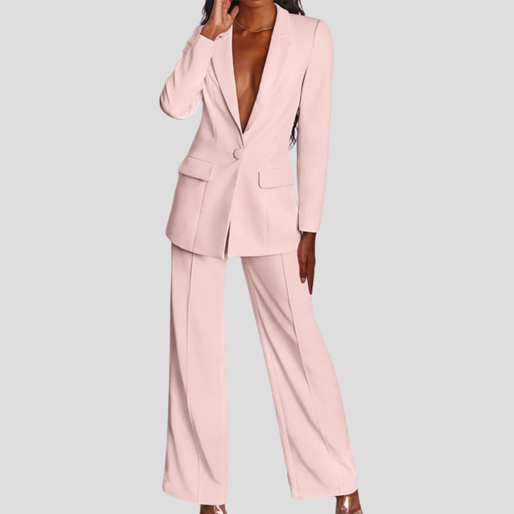 Ladies Blazer Set with Pants and Notch Lapel