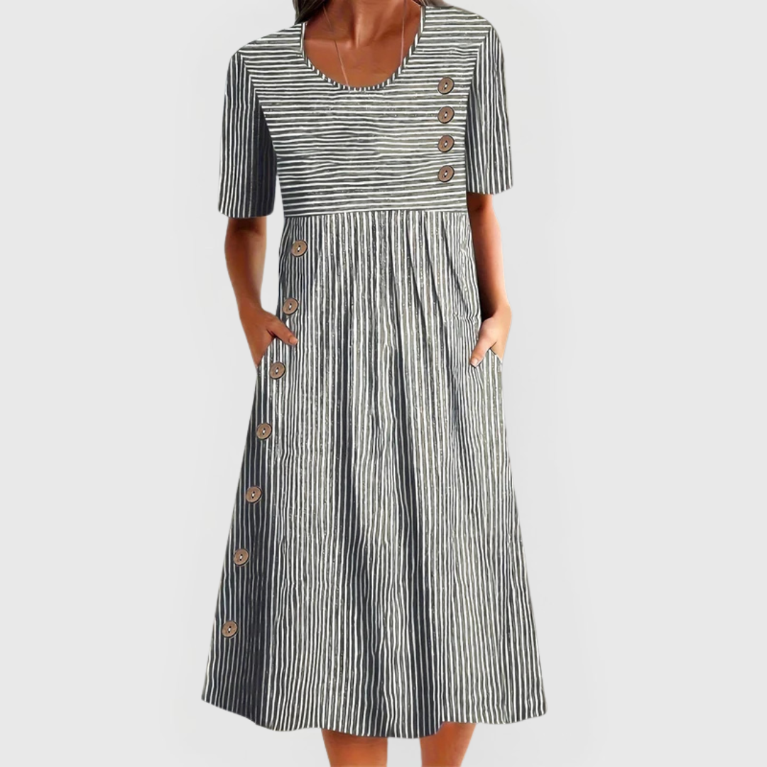 Carmen | Women's Midi Dress with Stripes and Decorative Buttons