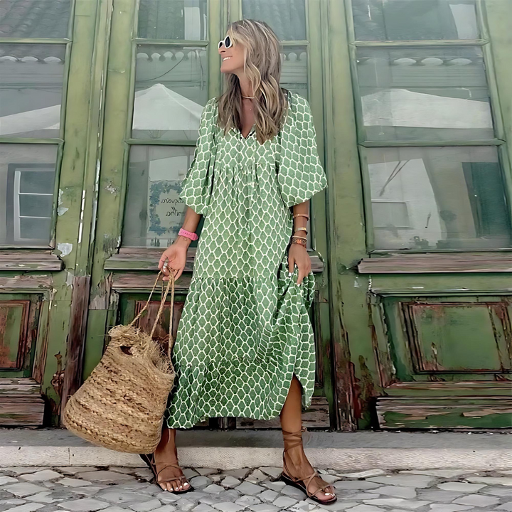 Mabel Geometric Dress with High-Low Hem, view 2 - Elena Harper
