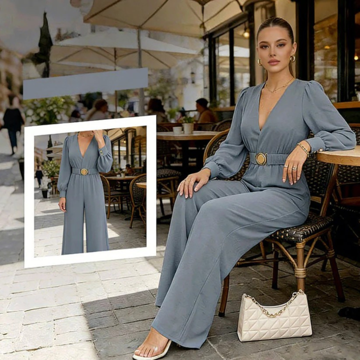 Women’s V-Neck Jumpsuit with Puff Sleeves and Gold Belt