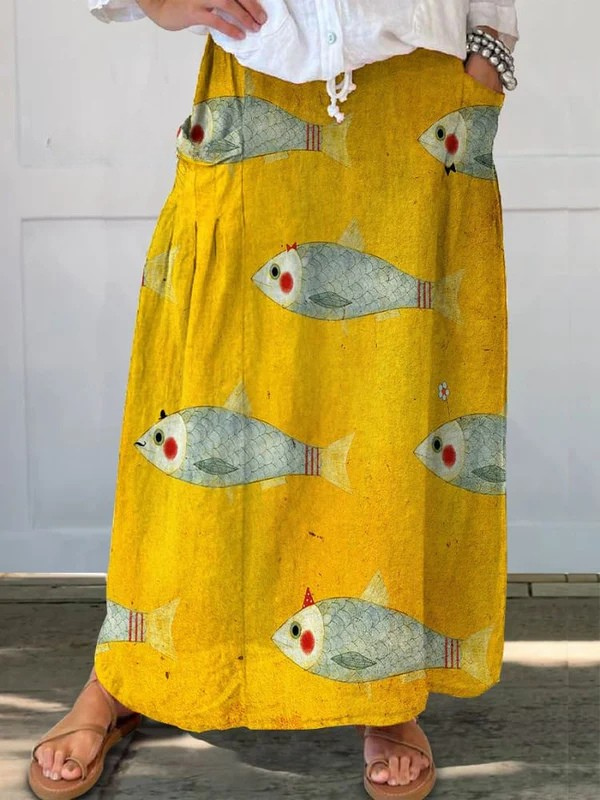 Women's Vintage Fish Art Print Linen Skirt