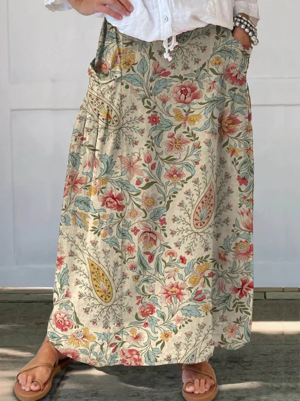 Ladies Vintage Floral Art Printed Linen Midi Skirt