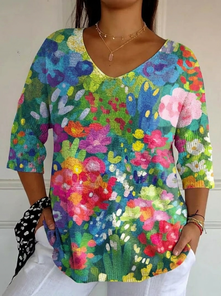 Women's Vintage Lovely Floral Art Print Casual Pullover Knit - Elena Harper