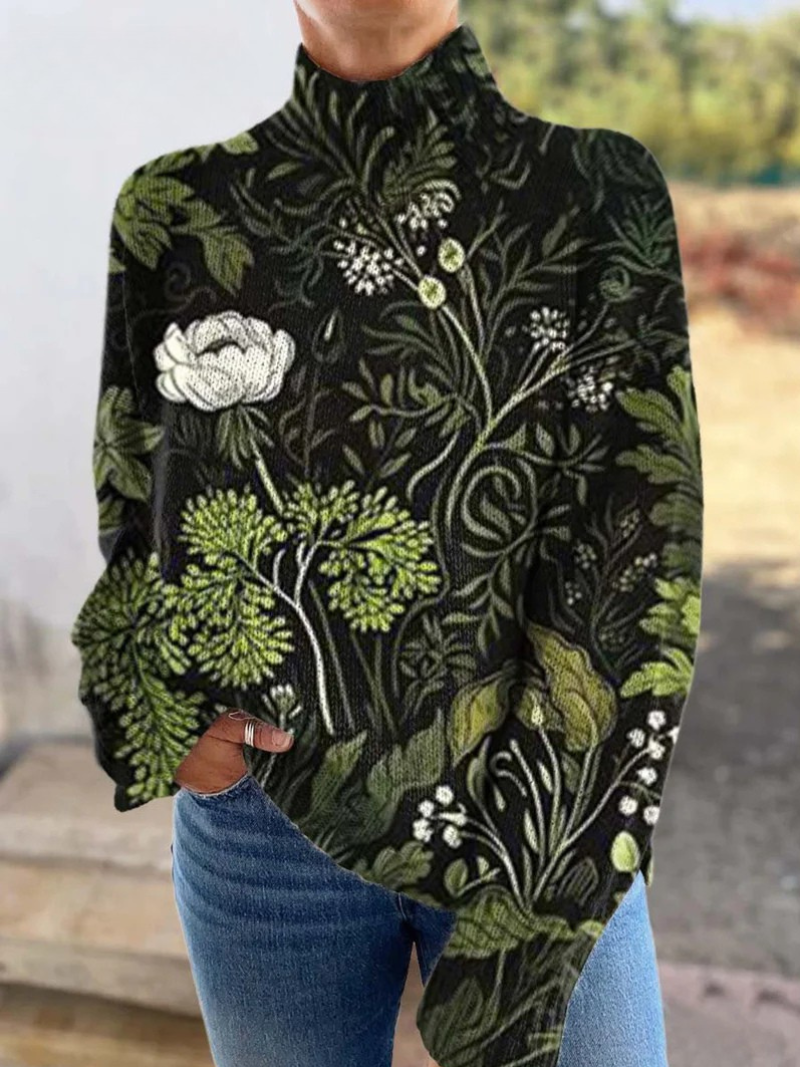 Botanical floral turtleneck sweater by Emma & Rose Cape Town featuring a colorful floral pattern on a cozy knit fabric.
