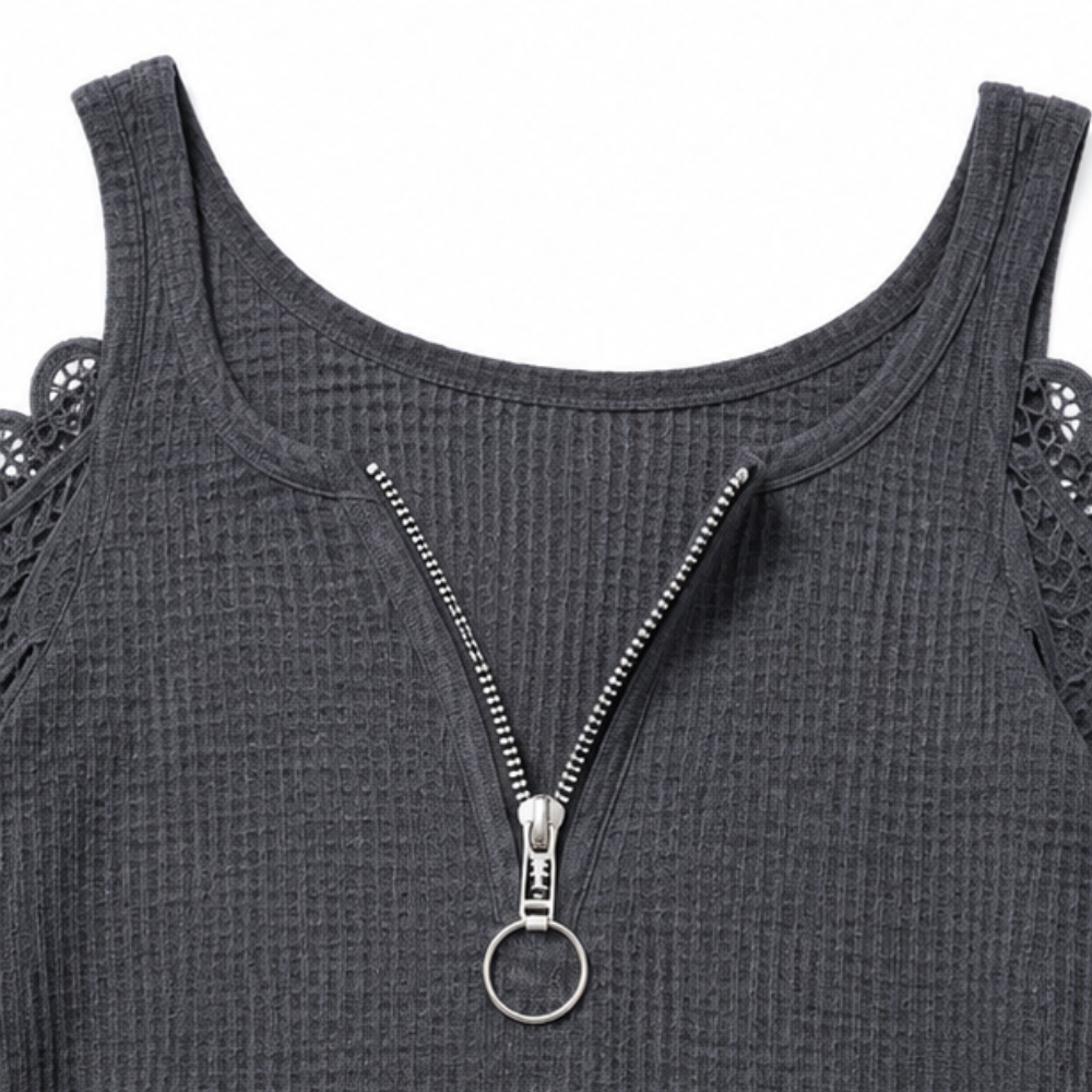 Duetta Lace-Sleeve Cold-Shoulder Zip-Front Tunic Top - Elena Harper