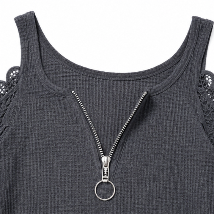 Duetta Lace-Sleeve Cold-Shoulder Zip-Front Tunic Top - Elena Harper
