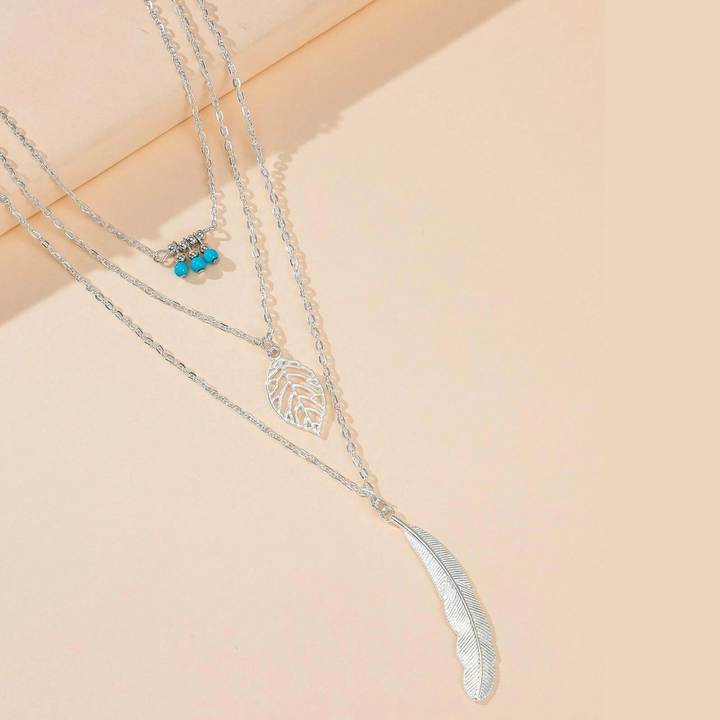 Leaf and Feather Pendant 3-Layer Necklace, view 3 - Elena Harper