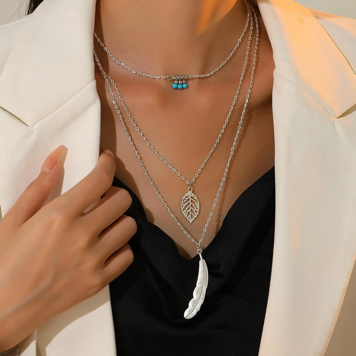 Leaf and Feather Pendant 3-Layer Necklace, view 2 - Elena Harper