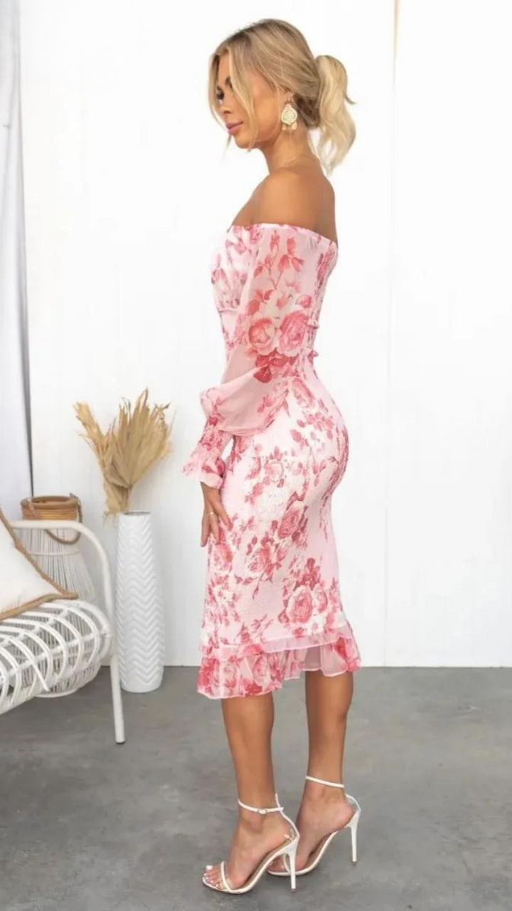 Women's Floral Off-Shoulder Ruffle Midi Dress for Elegant Occasions