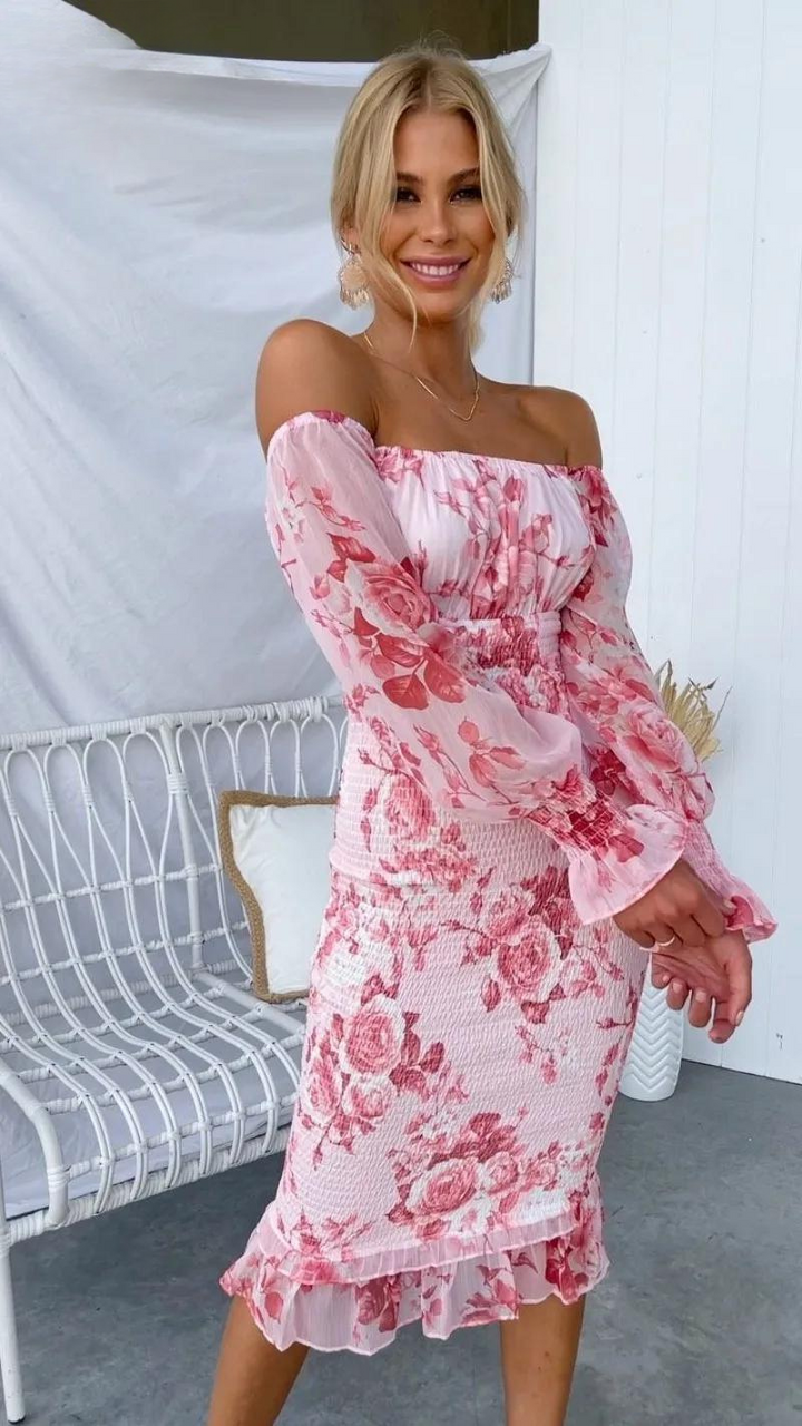 Women's Floral Off-Shoulder Ruffle Midi Dress for Elegant Occasions