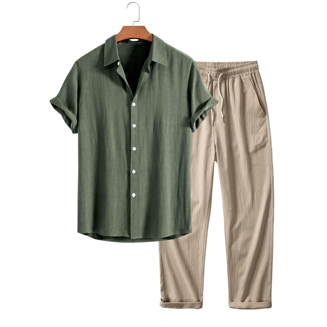 Emma & Rose Manhattan Pieter™ short-sleeved linen two-piece outfit laid flat, showing lightweight fabric and relaxed fit.