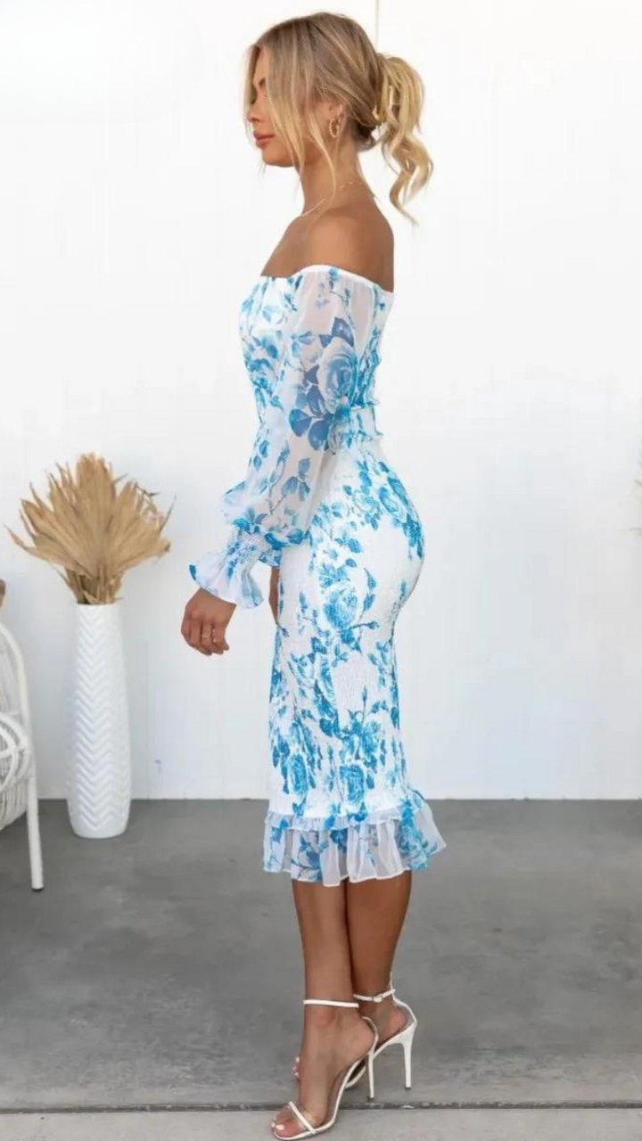Women's Floral Off-Shoulder Ruffle Midi Dress for Elegant Occasions
