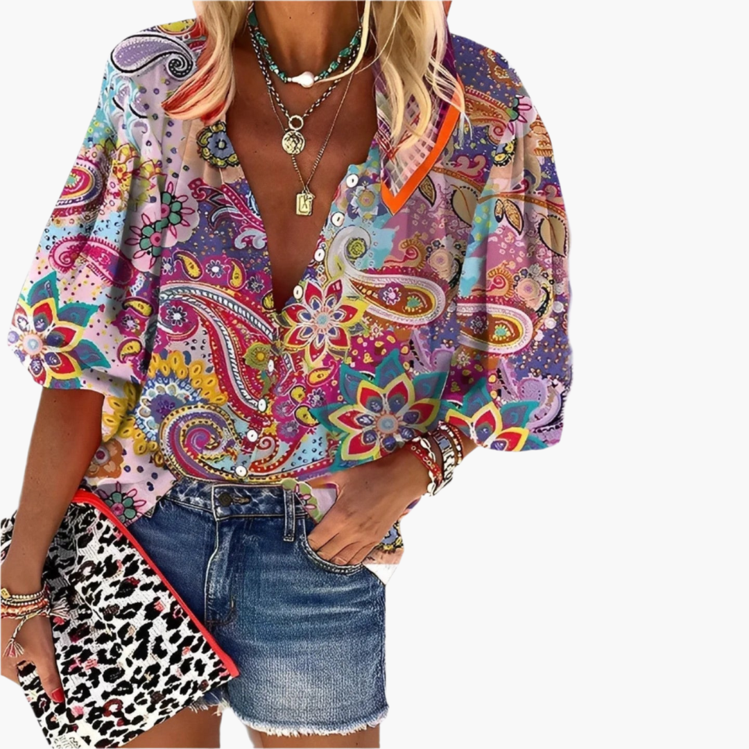 Women’s Boho Top with Mandala Print and Short Sleeves