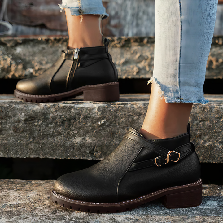 Comfortable Ankle Boots with Side Zipper and Buckle EB