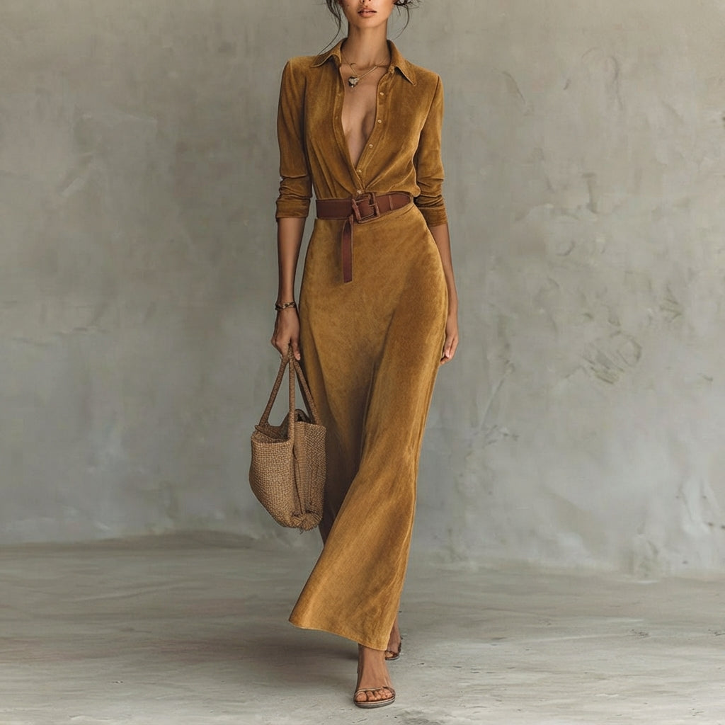 Katharina | Women's Long Sleeve Maxi Dress, Tailored Fit with Belt